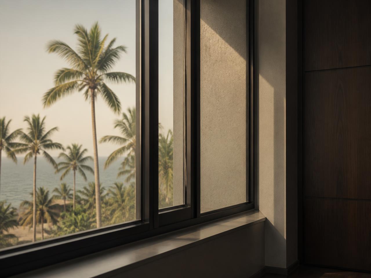 Slim aluminium framed window looking out to coastal coconut palms in Udupi